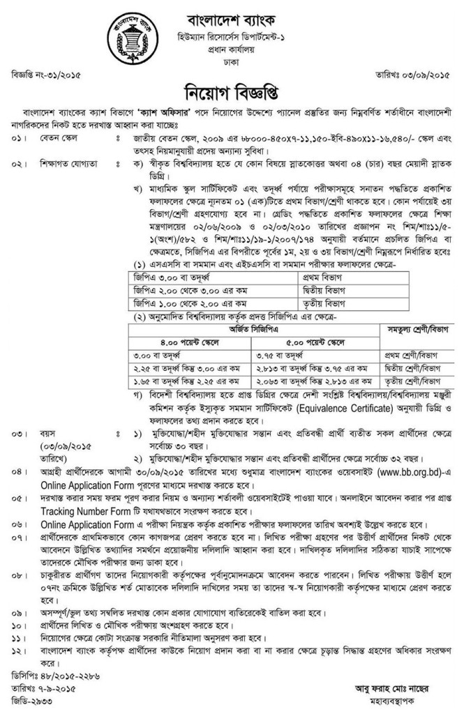 Job circular in bangladesh bank